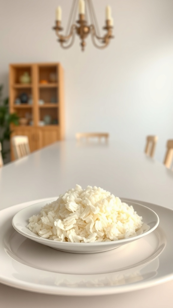 A plate of plain white rice on a dining table.