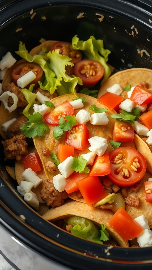 A close-up of slow cooker tacos with toppings like tomatoes, lettuce, and cheese.