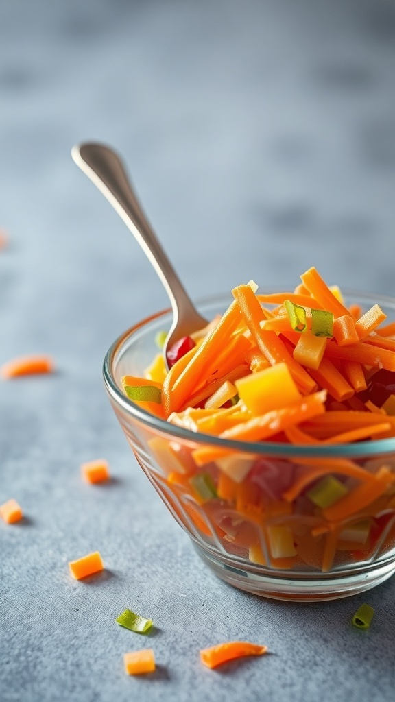 A bowl of Jell-O salad with shredded carrots and colorful ingredients.