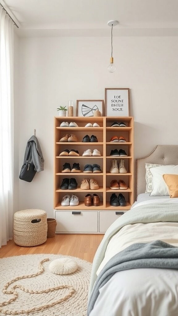 A wooden shoe organizer with various pairs of shoes, a cozy bedroom setup.