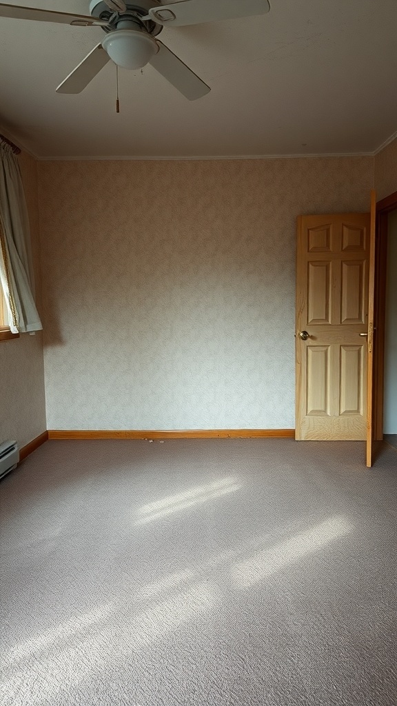 A bedroom with old, worn carpeting and a door slightly open