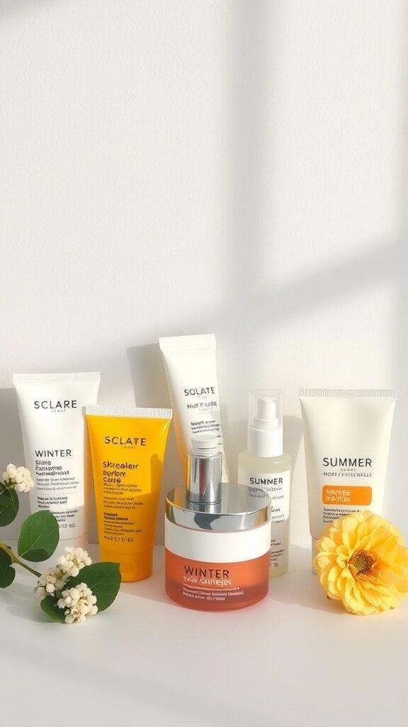 A collection of skincare products for different seasons, including winter and summer labels.