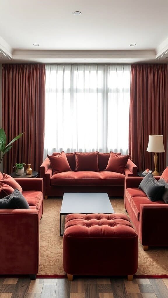 A cozy living room featuring plush velvet furniture in warm red tones, complemented by light curtains and a modern coffee table.