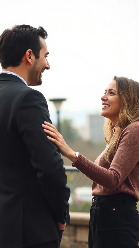 A woman smiling and touching a man's arm while they converse.