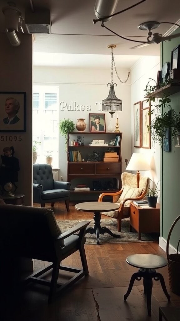 A cozy living room with a mix of vintage and modern furniture and decor.