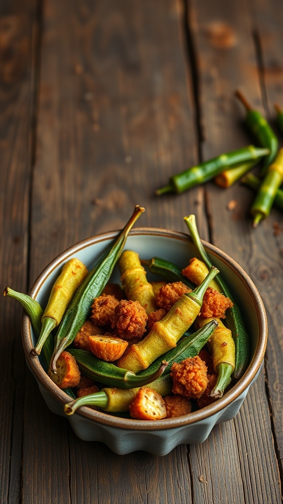 A bowl of crispy fried okra with golden-brown pieces and vibrant green okra.