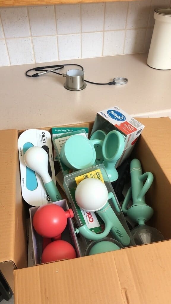 A box filled with various kitchen gadgets, some colorful and unused, sitting on a countertop.