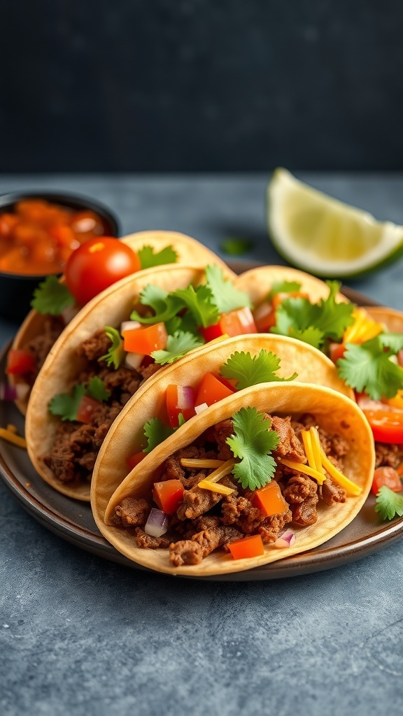 A plate of speedy beef tacos topped with fresh vegetables and cheese, served with lime wedges.