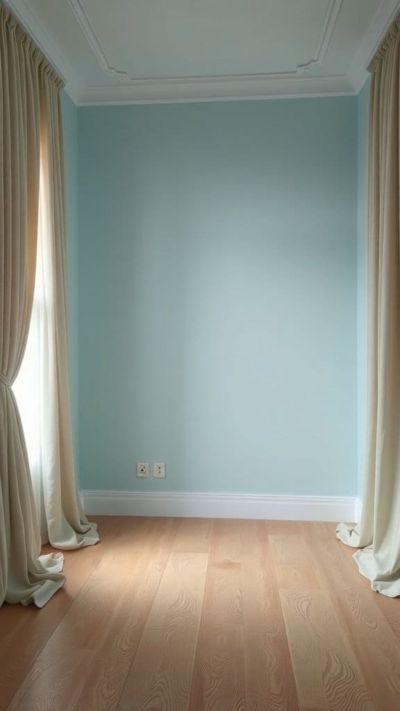 A room with light blue walls and heavy drapes, showcasing a dated look.