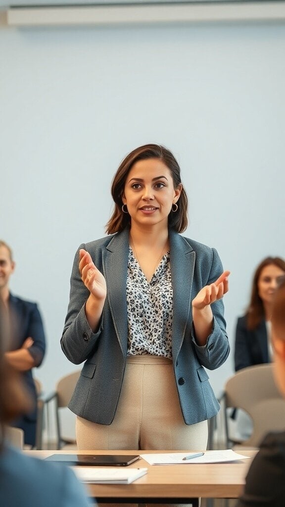A confident woman speaking in front of an audience, showcasing independence and ambition.
