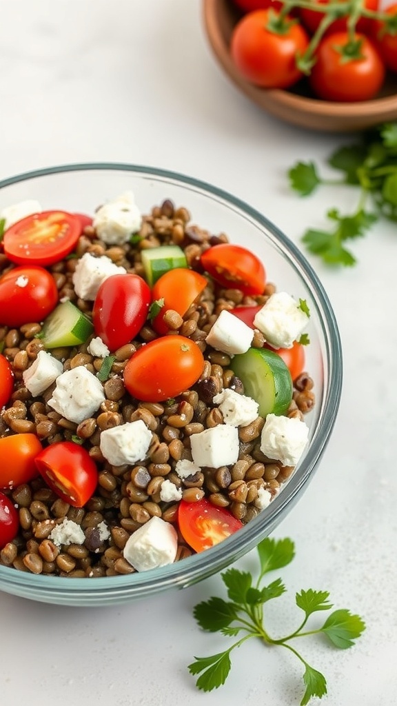 A bowl of Mediterranean lentil salad with cherry tomatoes, cucumber, and feta cheese.