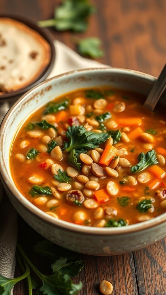 A bowl of lentil soup with kale, garnished with cilantro and served with a slice of bread.