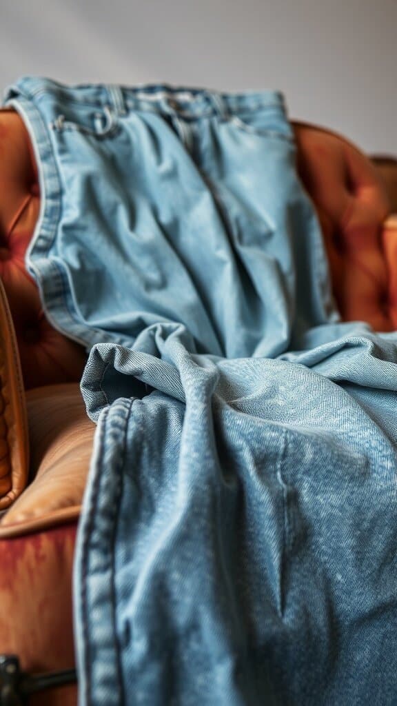 A pair of acid-wash jeans draped over a stylish chair, showcasing their faded look.