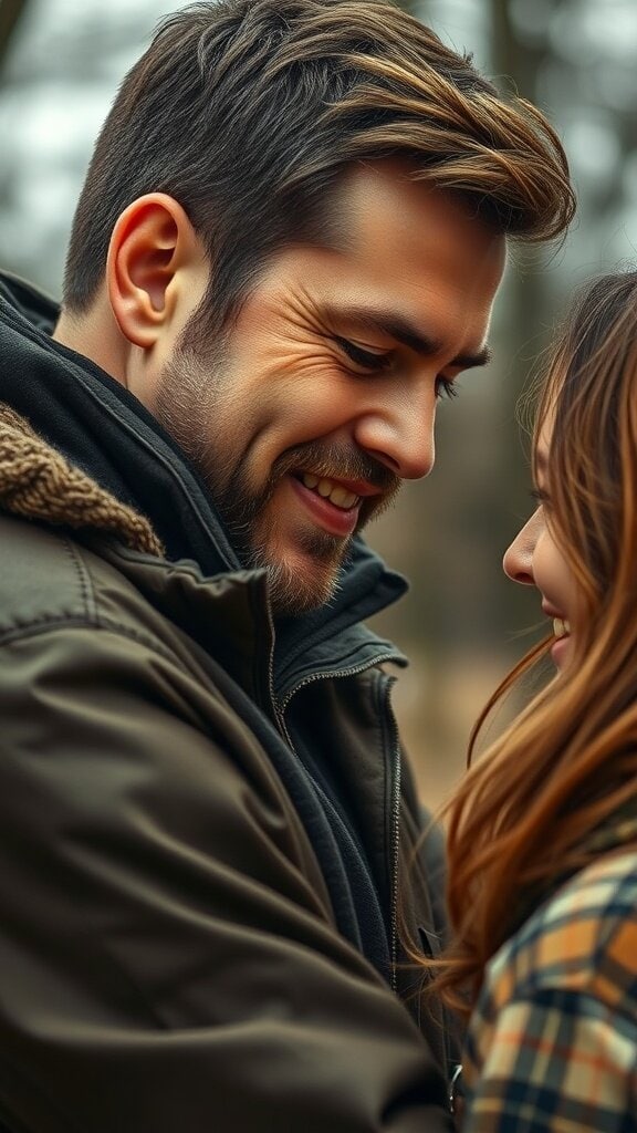 A couple smiling at each other, showing intimacy and connection.