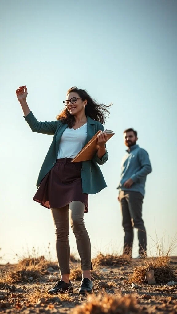A woman joyfully holding a notebook outdoors, with a man in the background, showcasing independence and support.