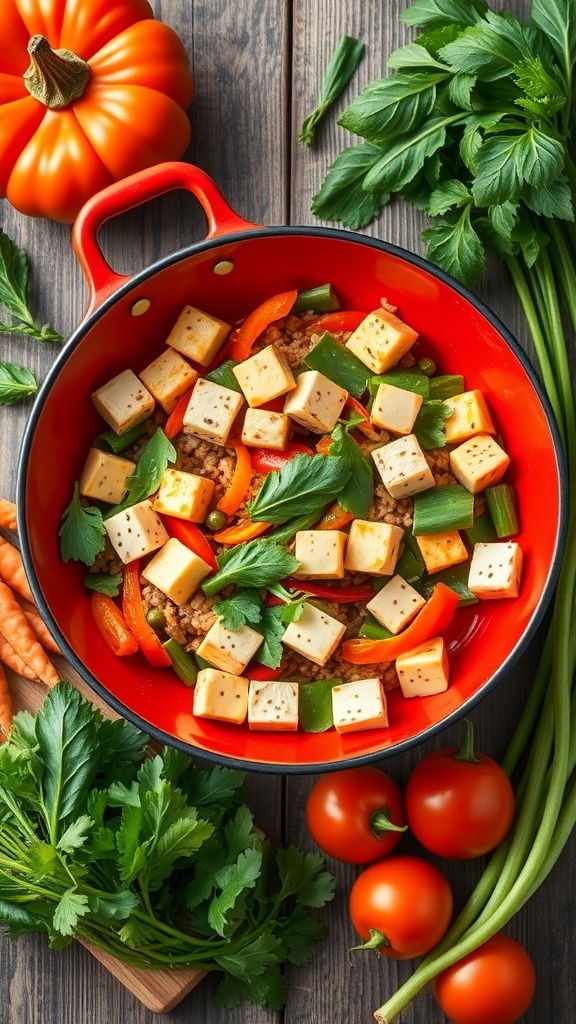 A colorful vegetable stir-fry with tofu in a red pan, surrounded by fresh vegetables.