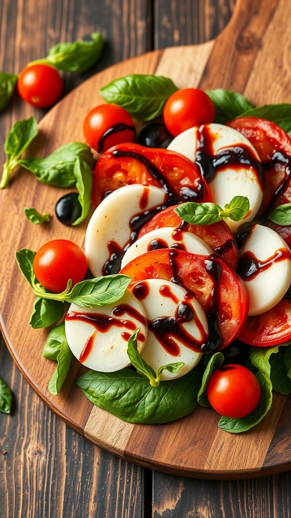 A Caprese salad featuring sliced tomatoes, mozzarella, and basil drizzled with balsamic glaze on a wooden platter.