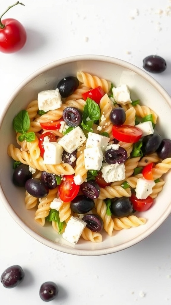 A bowl of pasta salad with feta cheese, olives, cherry tomatoes, and fresh basil.