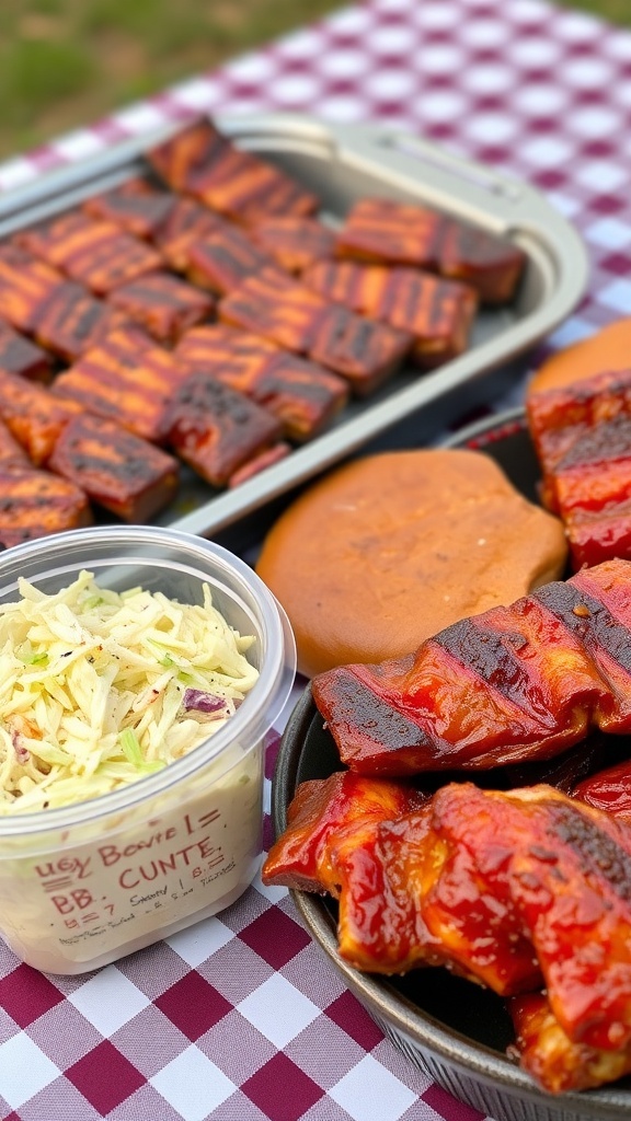 A can of cranberry sauce on a festive table with turkey and garnishes.