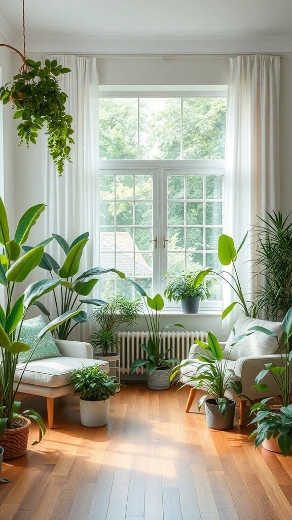 A cozy living room filled with various indoor plants, featuring a large window with natural light.