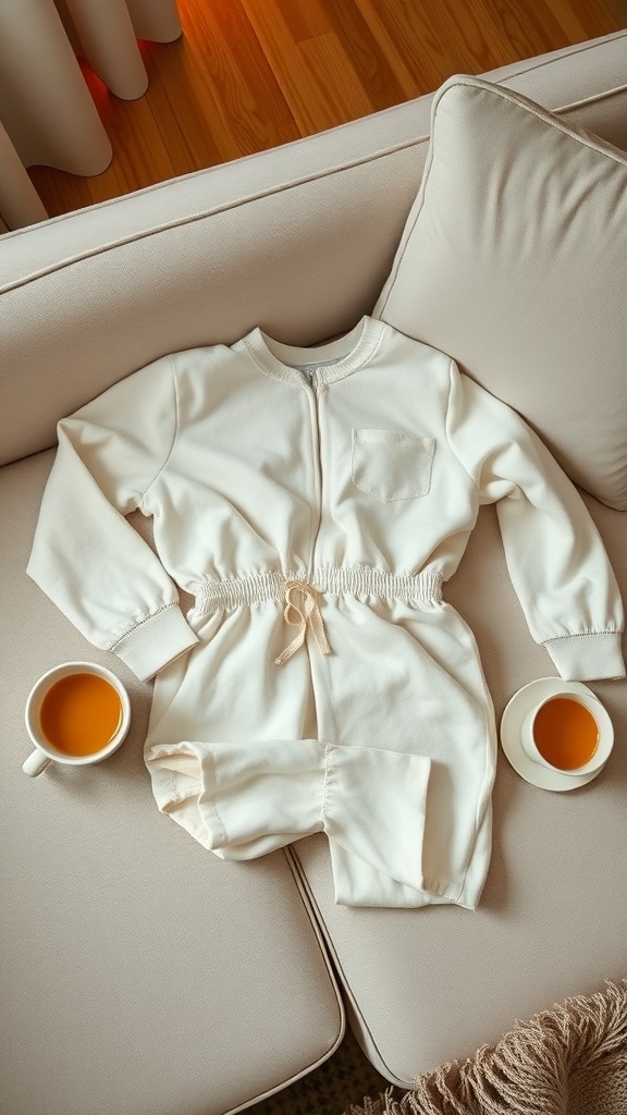 A cream-colored jumpsuit laid on a couch with two cups of tea beside it.