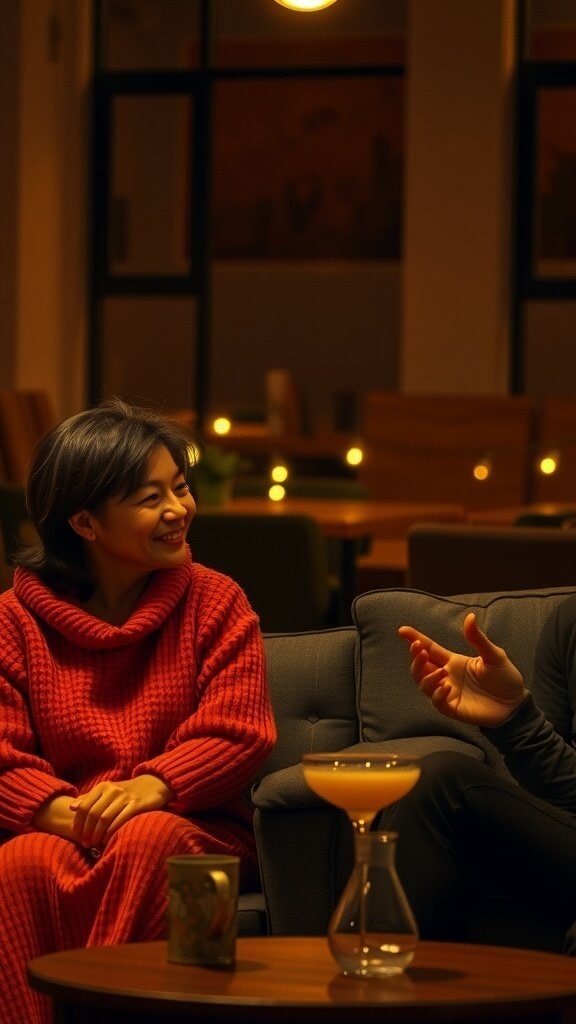 A woman in a red sweater smiling while talking to a man in a casual setting.