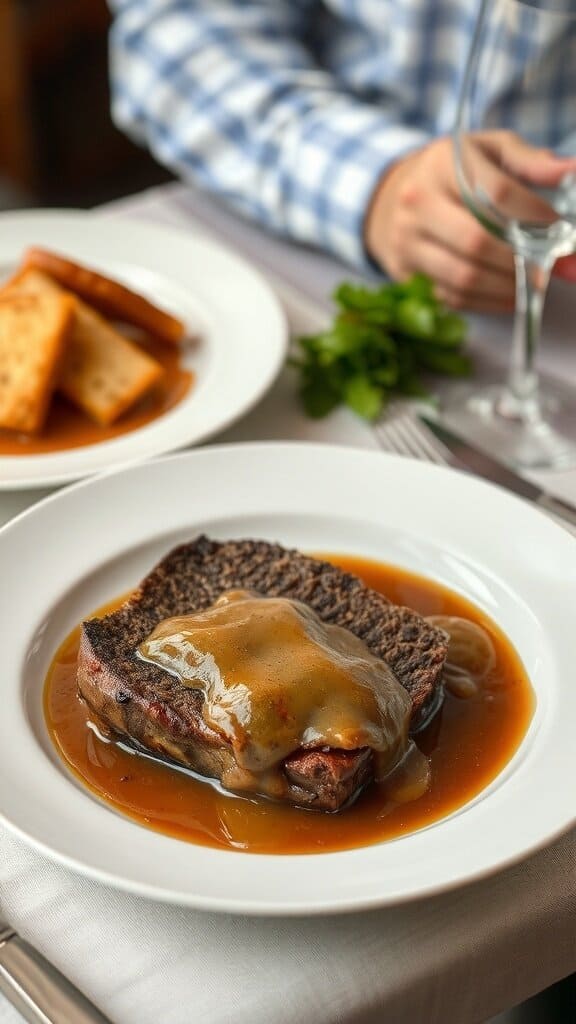 A plate of Beef Wellington with gravy, served with bread and garnished with herbs.
