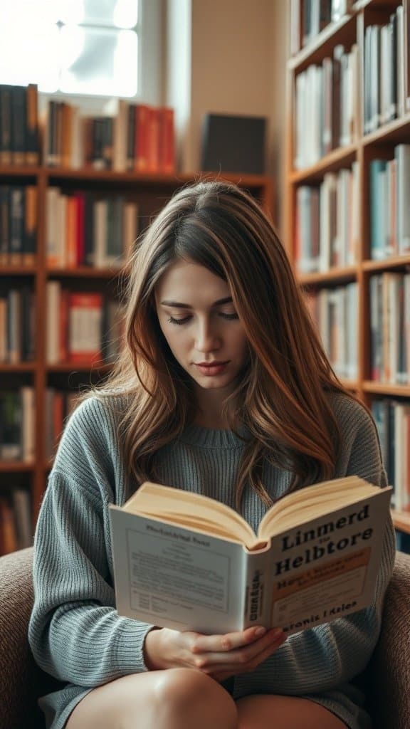 A woman reading a book in a cozy library setting.