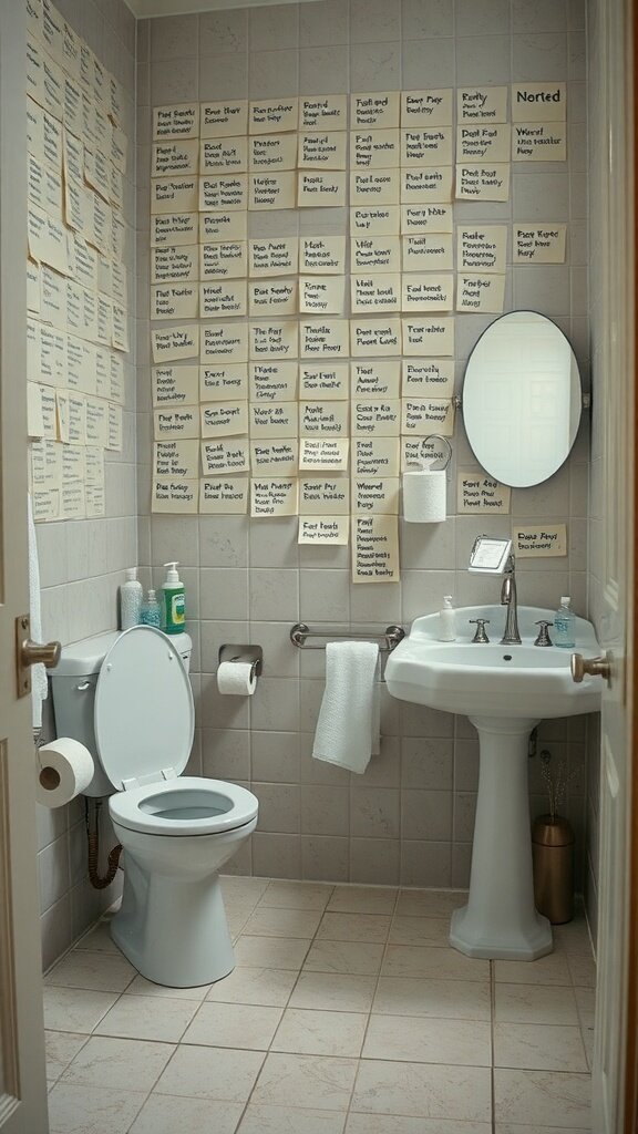 A bathroom with notes on the wall and missing essential supplies.