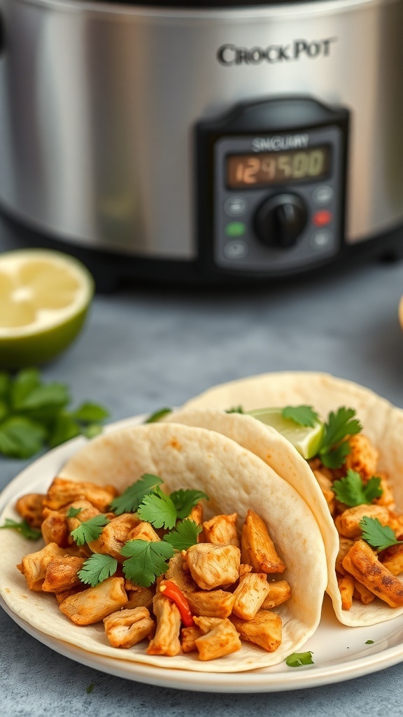 Plate of savory chicken tacos with cilantro and lime, next to a crockpot.