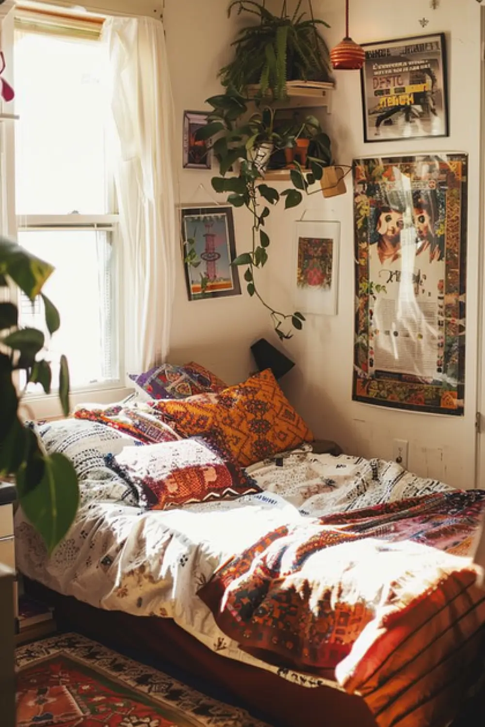 Retro boho bedroom with '70s decor