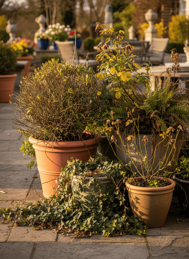 Overgrown or Untrimmed Potted Plants