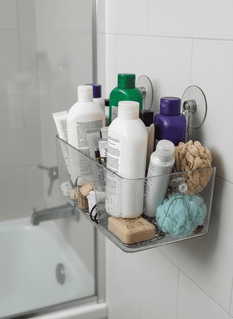 Shower Caddy Overflowing with Old Products