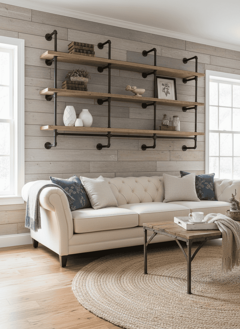 Industrial Pipe Shelving in Living Areas
