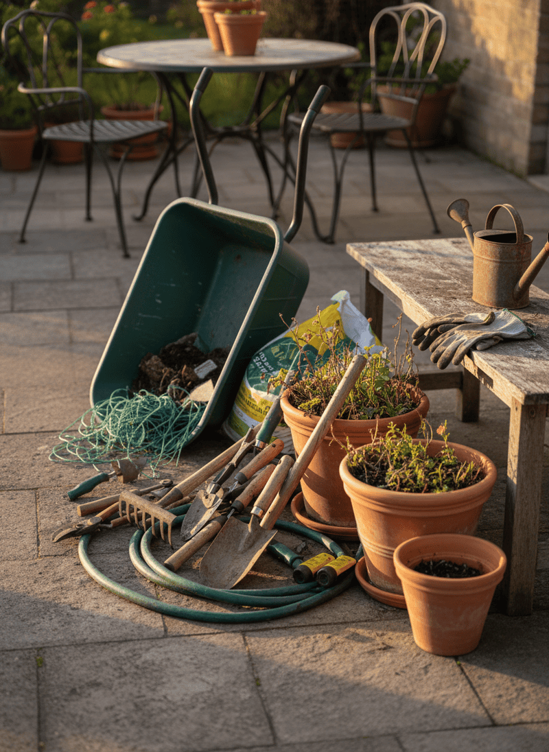 Excessive, Disorganized Garden Tools Left Out