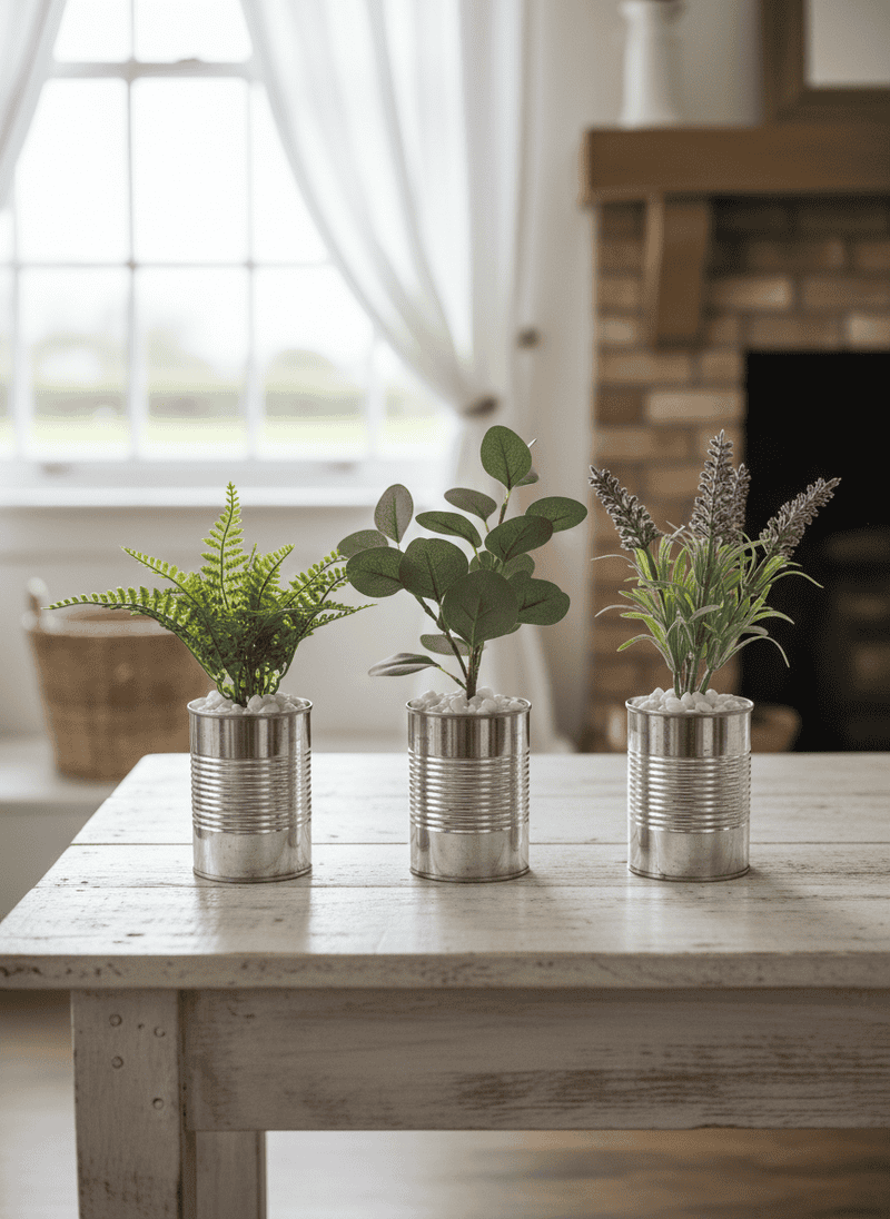 Artificial Greenery in Tin Cans