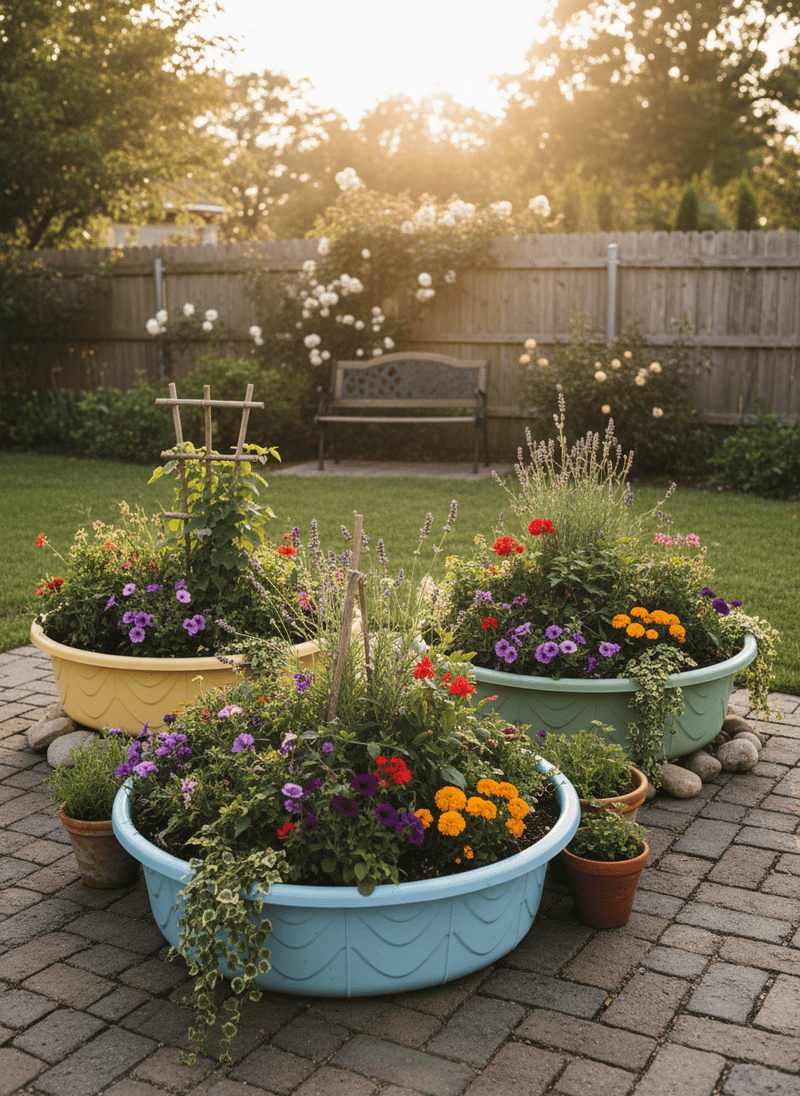 Plastic Kiddie Pools Re-purposed as Planters