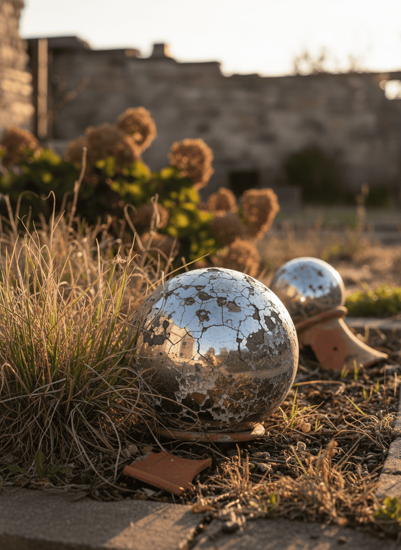Faded and Broken Reflective Garden Balls