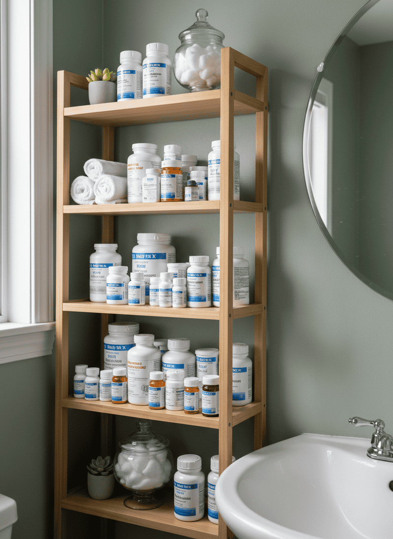 Visible Medication Bottles on Open Shelves