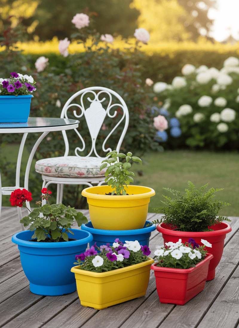 Cheap, Primary-Colored Plastic Planters