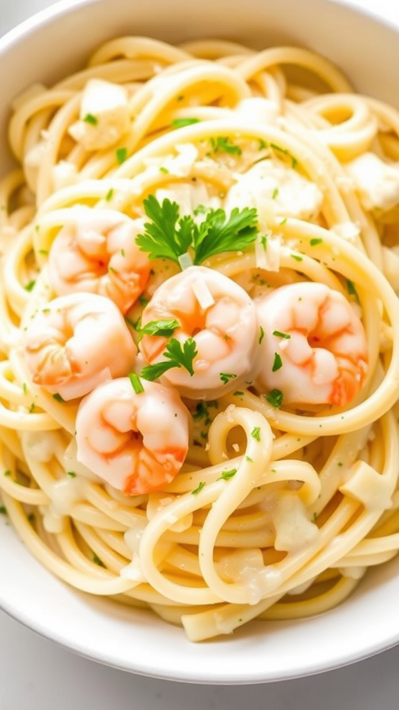 A bowl of Shrimp Alfredo Pasta with shrimp and parsley