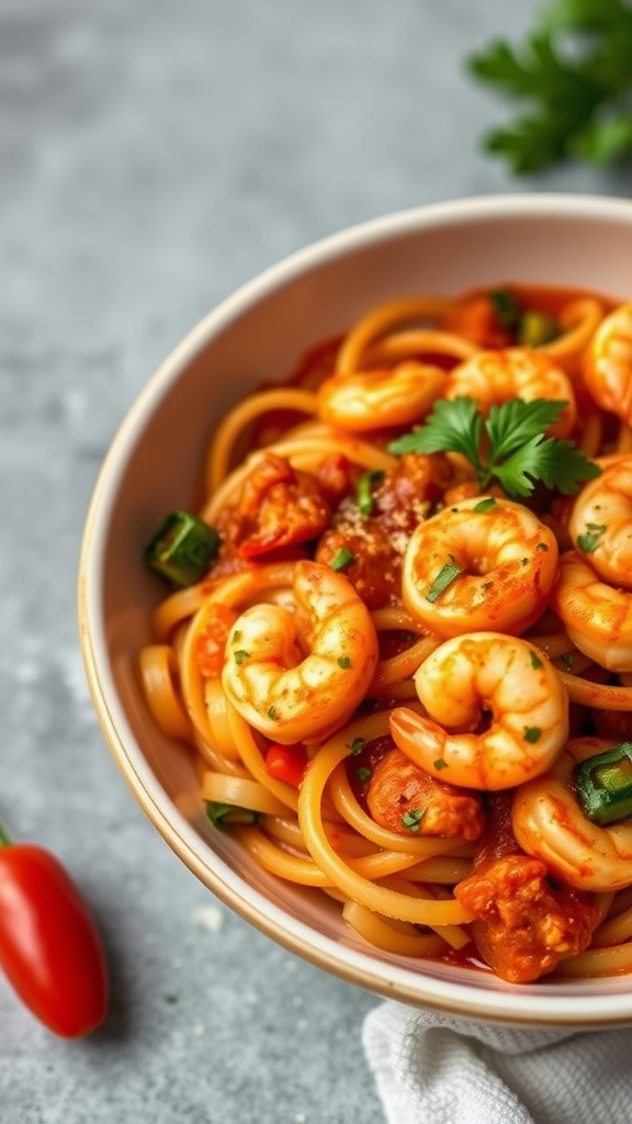 A bowl of Shrimp Creole Pasta with shrimp, pasta, and fresh herbs.