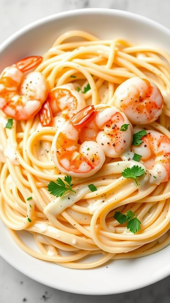 A bowl of Shrimp Fettuccine Alfredo with shrimp, pasta, and garnished with parsley.