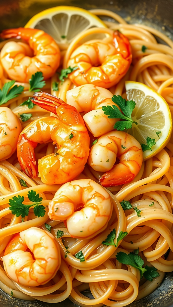 A delicious plate of shrimp scampi with spaghetti, garnished with lemon and parsley.
