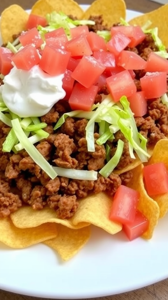 A vibrant taco salad topped with ground beef, diced tomatoes, shredded lettuce, and sour cream, served on a plate with tortilla chips.